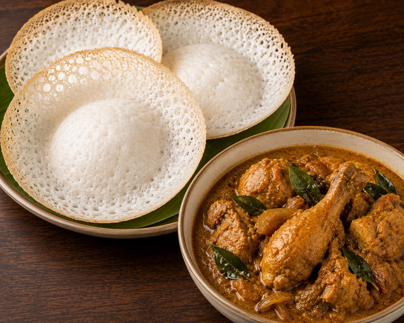 Appam with chicken curry